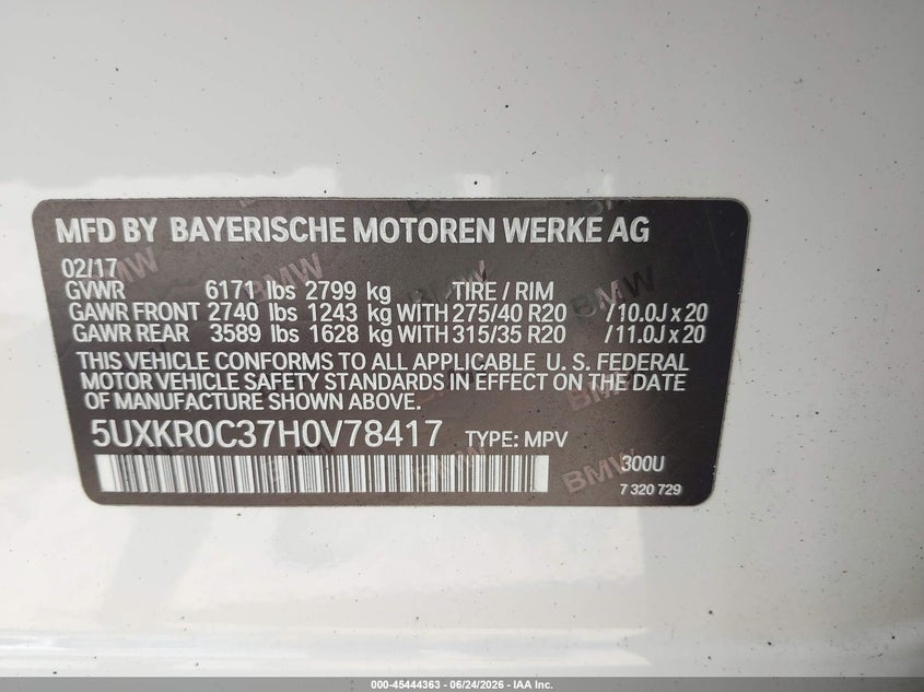 2017 BMW X5 VIN 5UXKR0C37H0V78417 IAAI salvage auction — LEFT REAR, Bill Of Sale (Washington), sold $8,900 on 2026-07-15 (photo 9)