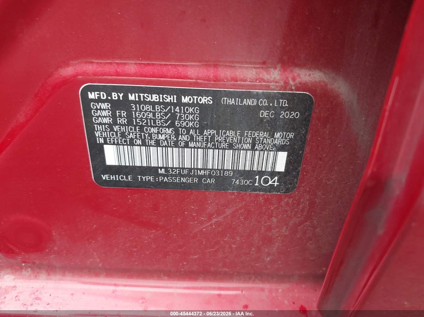 2021 Mitsubishi Mirage VIN ML32FUFJ1MHF03189 IAAI salvage auction — RIGHT FRONT, Salvage Title, sold $1,500 on 2026-07-28 (photo 9)