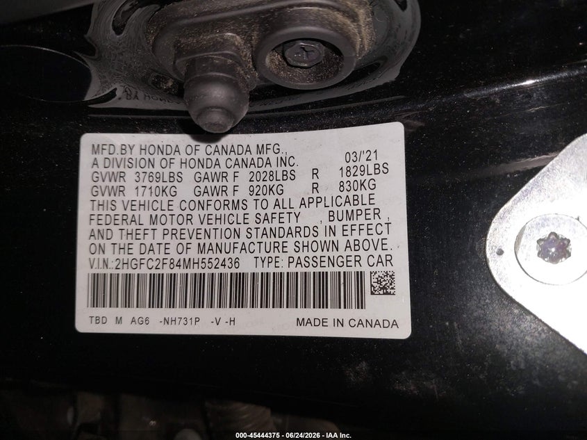 2021 Honda Civic VIN 2HGFC2F84MH552436 IAAI salvage auction — SIDE, Salvage Title, sold $7,100 on 2026-08-23 (photo 9)