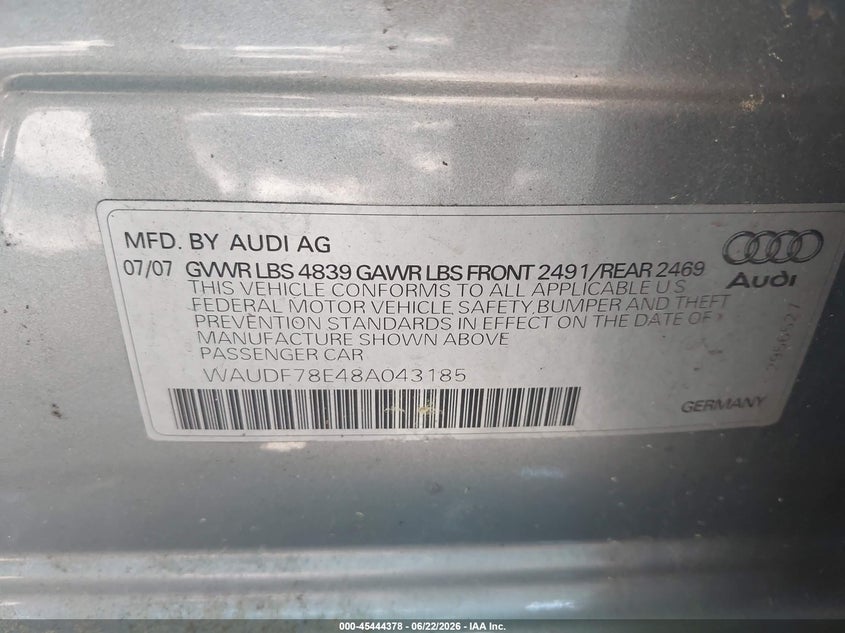 2008 Audi A4 VIN WAUDF78E48A043185 IAAI salvage auction — NORMAL WEAR, Clear (Virginia), sold $300 on 2026-07-09 (photo 9)