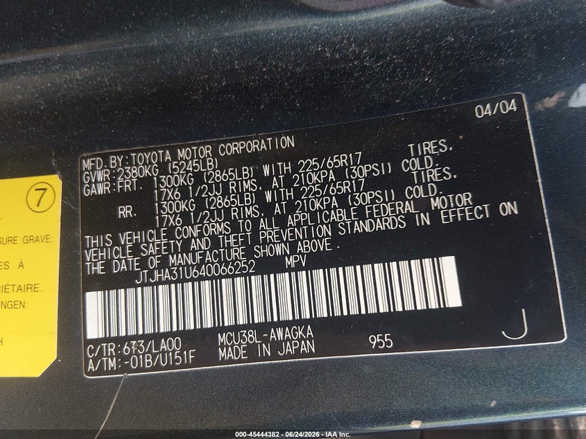 2004 Lexus Rx 330 VIN JTJHA31U640066252 IAAI salvage auction — REPOSSESSION, Nrc Lienholder Repossession Paperwork (Texas), sold $975 on 2026-07-13 (photo 9)