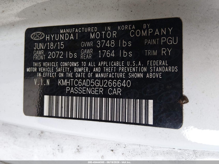 2016 Hyundai Veloster VIN KMHTC6AD5GU266640 IAAI salvage auction — NORMAL WEAR, Clear (Tennessee), sold $650 on 2026-07-29 (photo 9)