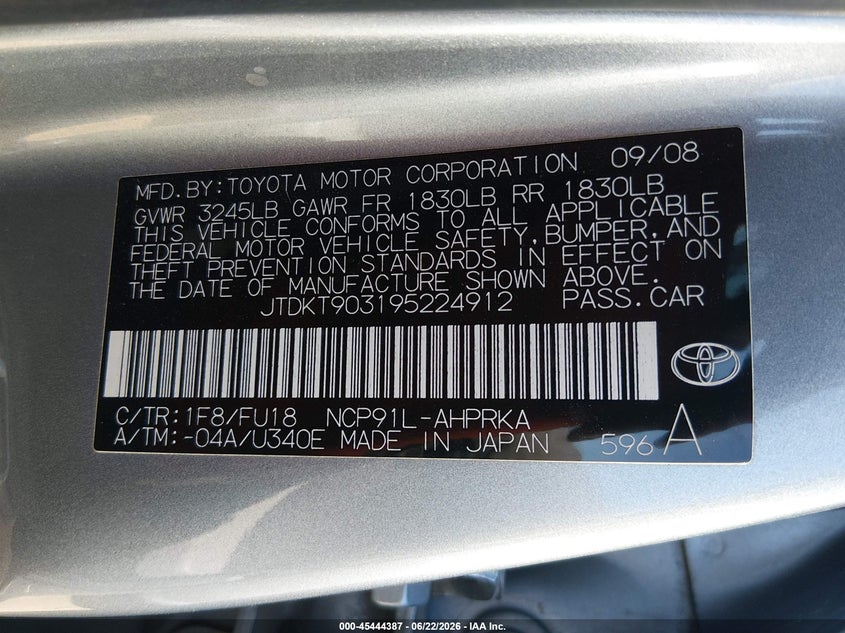 2009 Toyota Yaris VIN JTDKT903195224912 IAAI salvage auction — NORMAL WEAR, Clear-Dealer Only (Arizona), sold $300 on 2026-07-21 (photo 9)