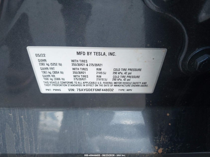 2022 Tesla Model y VIN 7SAYGDEF6NF448032 IAAI salvage auction — FRONT END, Salvage (North Carolina), sold $8,300 on 2026-07-24 (photo 9)