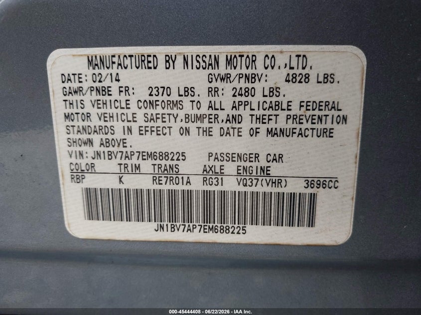 2014 Infiniti Q50 VIN JN1BV7AP7EM688225 IAAI salvage auction — NORMAL WEAR, Clear (Tennessee), sold $550 on 2026-07-23 (photo 9)