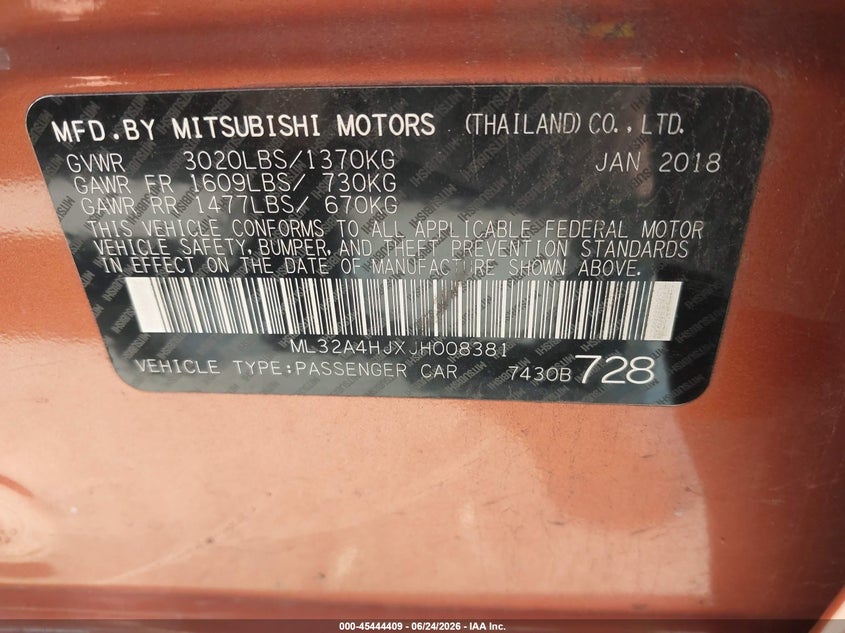 2018 Mitsubishi Mirage VIN ML32A4HJXJH008381 IAAI salvage auction — ROLLOVER, Salvage (Ohio), sold $325 on 2026-07-21 (photo 9)