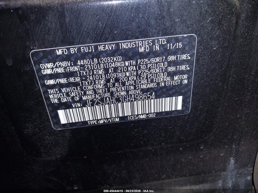 2016 Subaru Forester VIN JF2SJAHC3GH498654 IAAI salvage auction — RIGHT SIDE, Salvage Title, sold $3,000 on 2026-08-01 (photo 9)