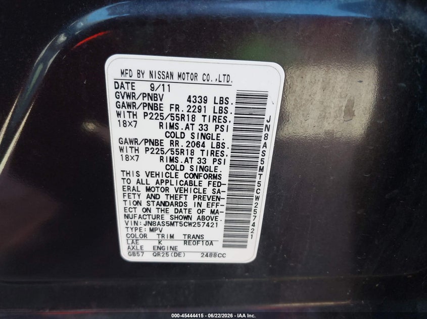2012 Nissan Rogue VIN JN8AS5MT5CW257421 IAAI salvage auction — FRONT END, Salvage (California), sold $650 on 2026-07-20 (photo 9)