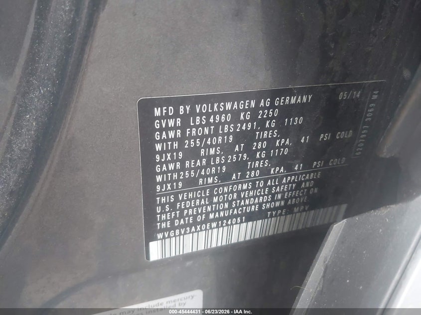 2014 Volkswagen Tiguan VIN WVGBV3AX0EW124051 IAAI salvage auction — LEFT FRONT, Salvage Title, sold $1,500 on 2026-07-29 (photo 9)