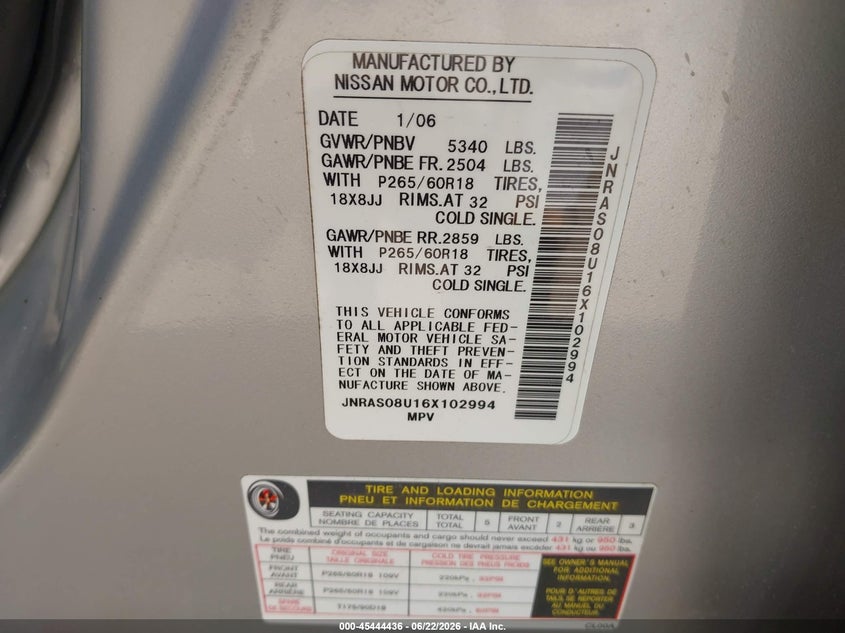2006 Infiniti Fx35 VIN JNRAS08U16X102994 IAAI salvage auction — REAR END, Salvage (Texas), sold $275 on 2026-07-21 (photo 9)