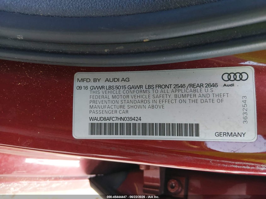 2017 Audi A6 VIN WAUD8AFC7HN039424 IAAI salvage auction — REAR END, Salvage Title, sold $2,200 on 2026-07-28 (photo 9)