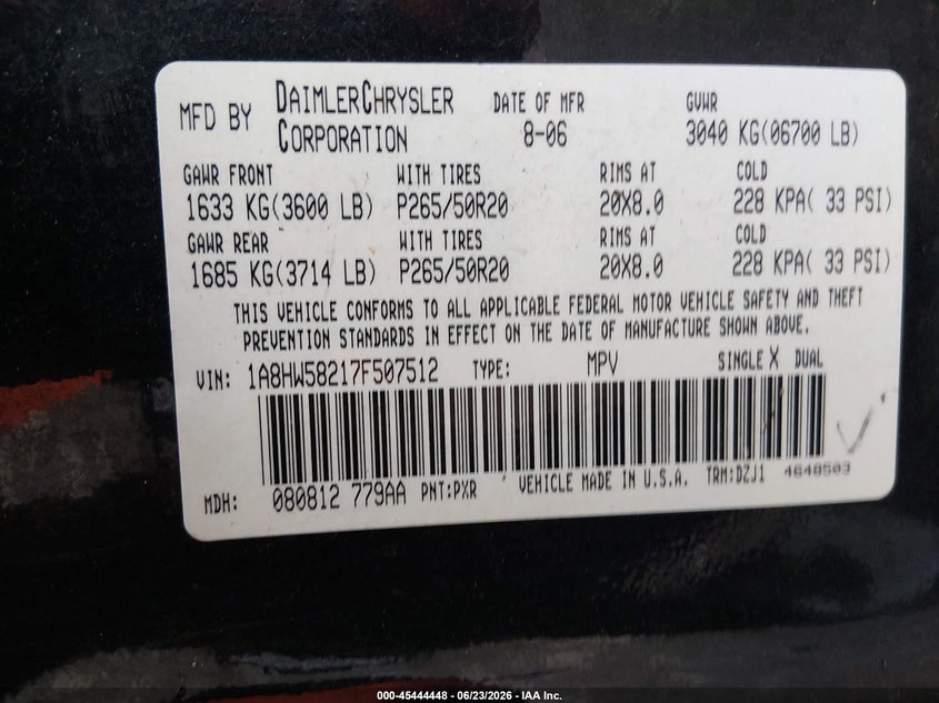 2007 Chrysler Aspen VIN 1A8HW58217F507512 IAAI salvage auction — RIGHT FRONT, Salvage (Pennsylvania), sold $25 on 2026-07-10 (photo 9)