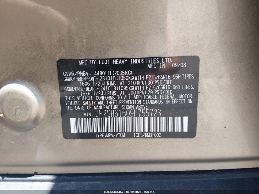 2009 Subaru Forester VIN JF2SH61609H755723 IAAI salvage auction — NORMAL WEAR, Clear (New Mexico), sold $1,525 on 2026-07-06 (photo 9)