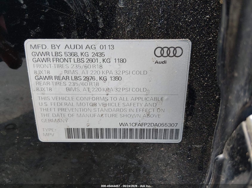 2013 Audi Q5 VIN WA1CFAFP2DA055307 IAAI salvage auction — REAR END, Salvage Title, sold $825 on 2026-07-10 (photo 9)