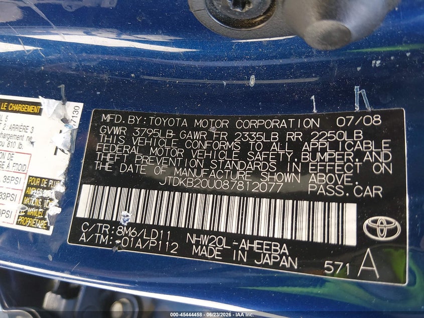2008 Toyota Prius VIN JTDKB20U087812077 IAAI salvage auction — FRONT END, Salvage (California), sold $325 on 2026-08-02 (photo 9)