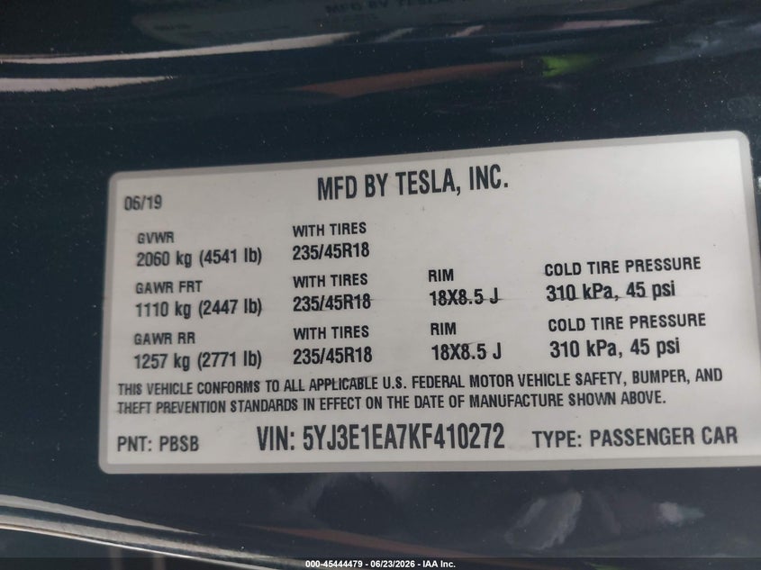 2019 Tesla Model 3 VIN 5YJ3E1EA7KF410272 IAAI salvage auction — REAR END, Salvage Title, sold $1,700 on 2026-07-23 (photo 9)