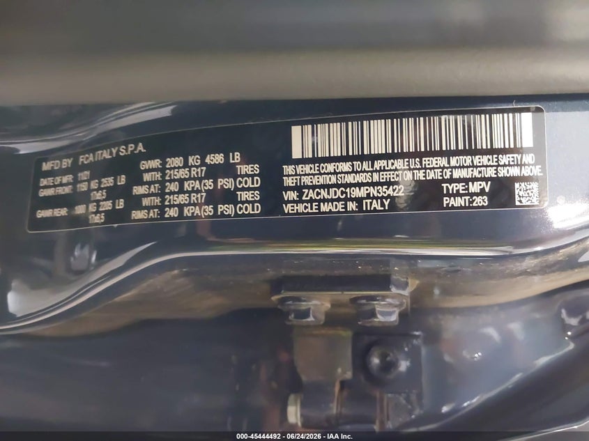 2021 Jeep Renegade VIN ZACNJDC19MPN35422 IAAI salvage auction — FRONT END, Salvage (Colorado), sold $2,300 on 2026-08-02 (photo 9)