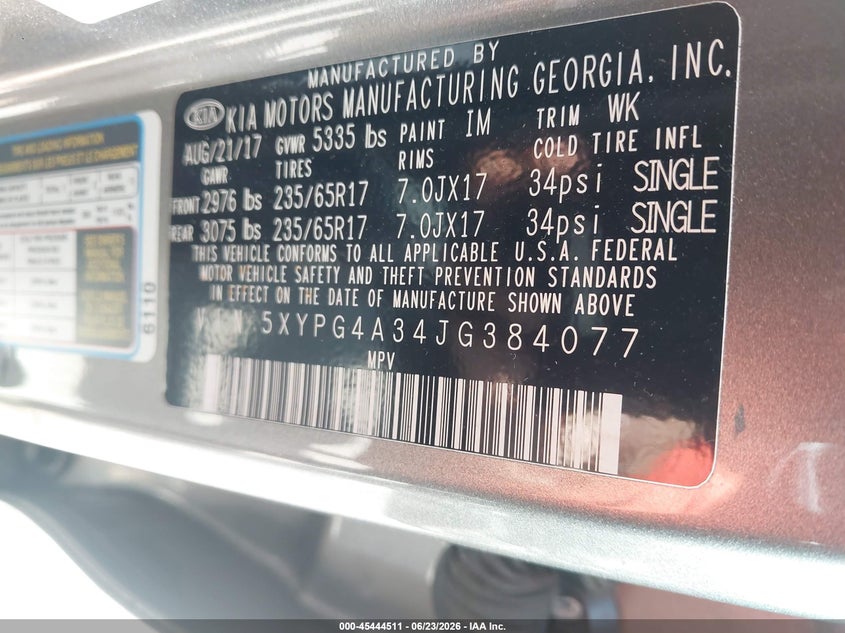 2018 Kia Sorento VIN 5XYPG4A34JG384077 IAAI salvage auction — LEFT SIDE, Salvage (North Carolina), sold $3,250 on 2026-07-29 (photo 9)
