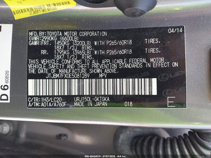 2014 Lexus Gx 460 VIN JTJBM7FX0E5081289 IAAI salvage auction — NORMAL WEAR, Clear (Florida), sold $9,800 on 2026-07-30 (photo 9)