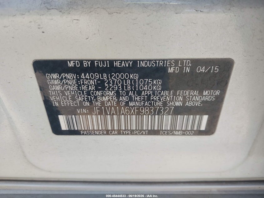 2015 Subaru Wrx VIN JF1VA1A6XF9837327 IAAI salvage auction — NORMAL WEAR, Clear - Dealer Only (California), sold $1,650 on 2026-07-21 (photo 9)