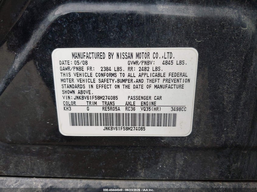 2008 Infiniti G35 VIN JNKBV61F58M274085 IAAI salvage auction — ROLLOVER, Parts Only Bos (Minnesota), sold $250 on 2026-07-13 (photo 9)