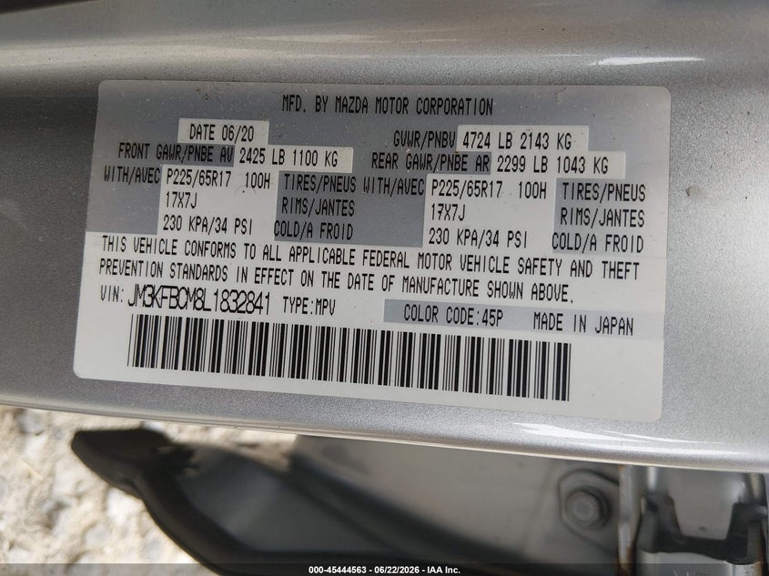 2020 Mazda Cx-5 VIN JM3KFBCM8L1832841 IAAI salvage auction — FRONT & REAR, Salvage Title, sold $3,100 on 2026-08-01 (photo 9)