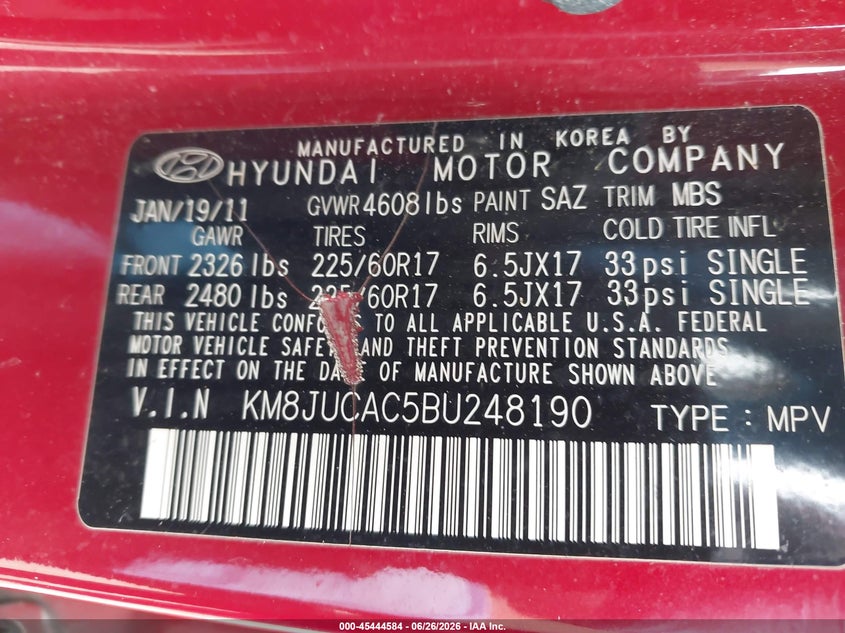 2011 Hyundai Tucson VIN KM8JUCAC5BU248190 IAAI salvage auction — NORMAL WEAR, Clear (Pennsylvania), sold $1,200 on 2026-07-21 (photo 9)