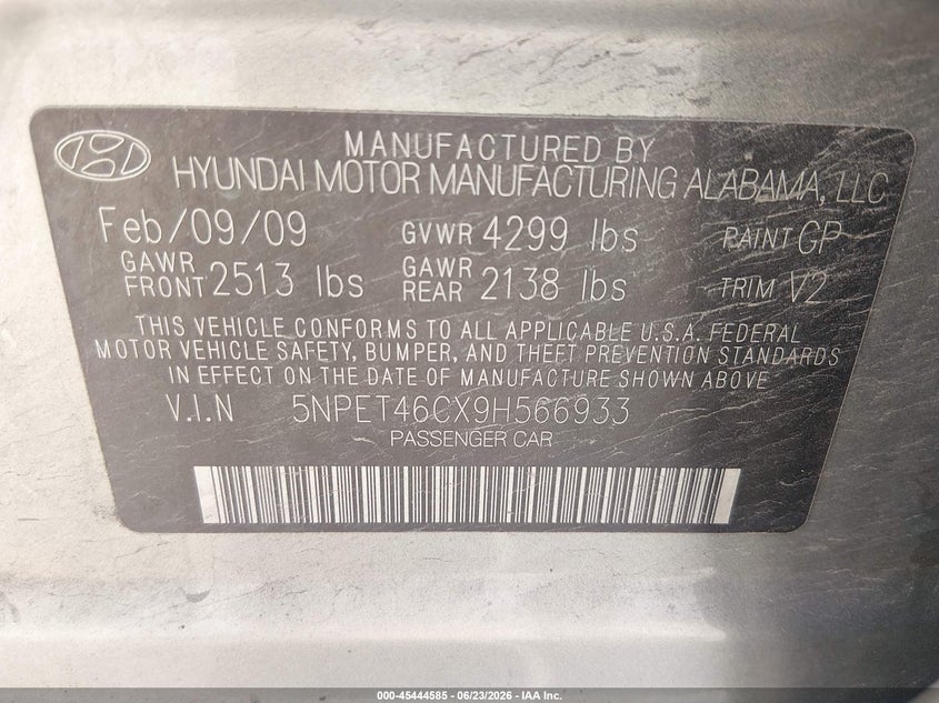 2009 Hyundai Sonata VIN 5NPET46CX9H566933 IAAI salvage auction — RIGHT FRONT, Salvage (Kansas), sold $700 on 2026-07-29 (photo 9)