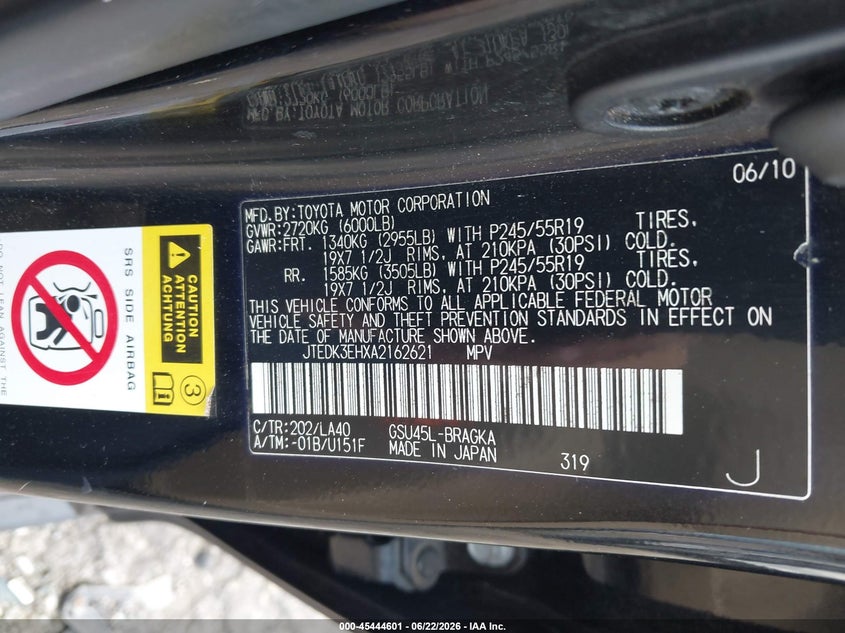 2010 Toyota Highlander VIN JTEDK3EHXA2162621 IAAI salvage auction — LEFT FRONT, Salvage (Georgia), sold $3,600 on 2026-07-29 (photo 9)