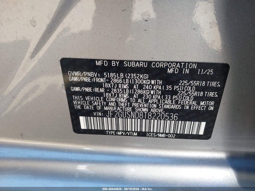 2026 Subaru Xv VIN JF2GUSND8T8220536 IAAI salvage auction — LEFT FRONT, Salvage Title, sold $14,200 on 2026-09-02 (photo 9)