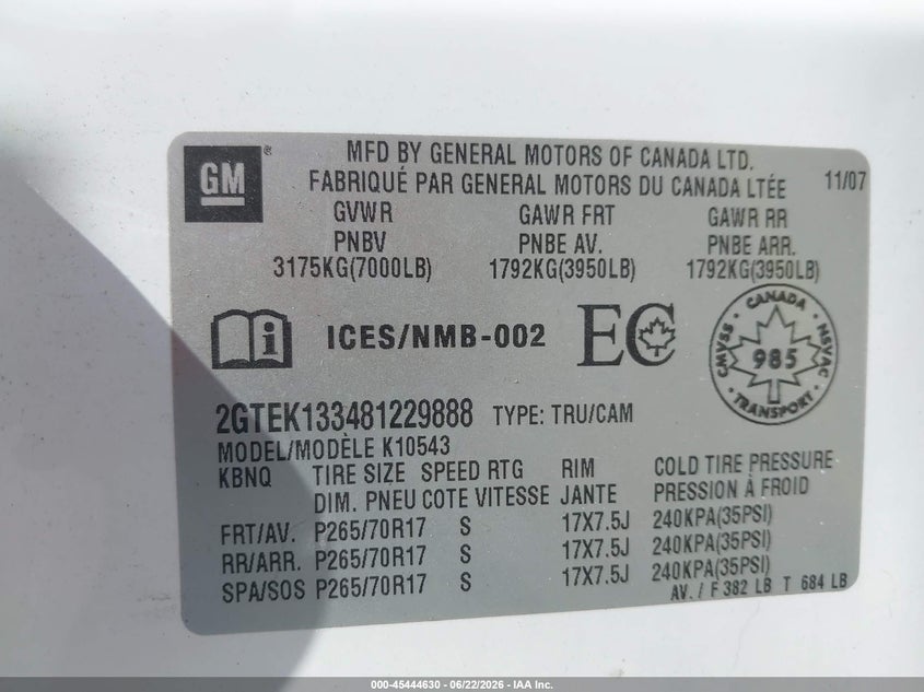 2008 Gmc Sierra 1500 VIN 2GTEK133481229888 IAAI salvage auction — NORMAL WEAR, Clear (Florida), sold $1,050 on 2026-07-09 (photo 9)
