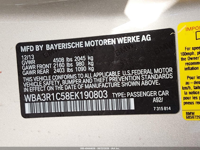2014 BMW 4er VIN WBA3R1C58EK190803 IAAI salvage auction — LEFT SIDE, Salvage (California), sold $4,850 on 2026-07-29 (photo 9)