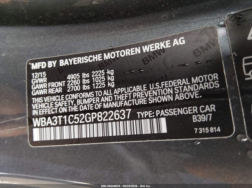 2016 BMW 4er VIN WBA3T1C52GP822637 IAAI salvage auction — RIGHT SIDE, Salvage (Indiana), sold $25 on 2026-08-03 (photo 9)