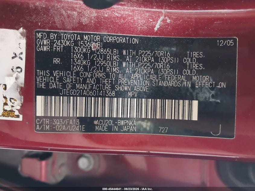 2006 Toyota Highlander VIN JTEGD21A060141368 IAAI salvage auction — RIGHT SIDE, Rebuildable (Florida), sold $575 on 2026-07-15 (photo 9)