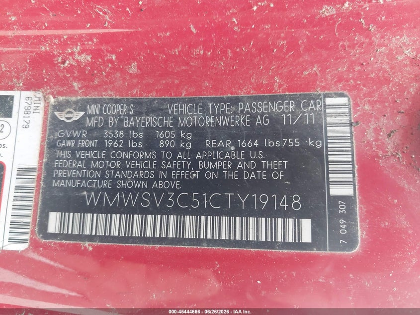 2012 Mini Cooper VIN WMWSV3C51CTY19148 IAAI salvage auction — NORMAL WEAR, Clear (Illinois), sold $350 on 2026-07-14 (photo 9)