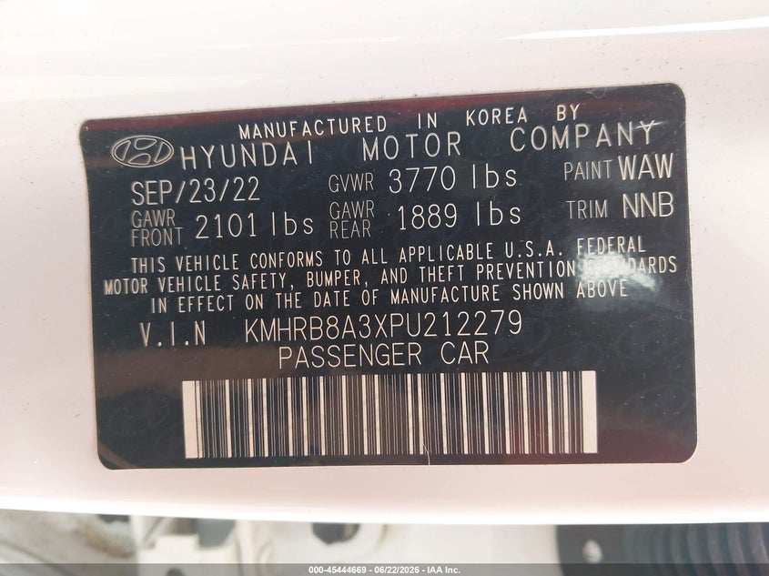 2023 Hyundai Venue VIN KMHRB8A3XPU212279 IAAI salvage auction — FRONT END, Salvage (New Jersey), sold $3,700 on 2026-07-28 (photo 9)