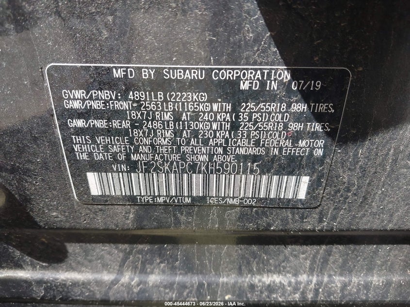 2019 Subaru Forester VIN JF2SKAPC7KH590115 IAAI salvage auction — FRONT END, Salvage (Ohio), sold $3,400 on 2026-07-20 (photo 9)