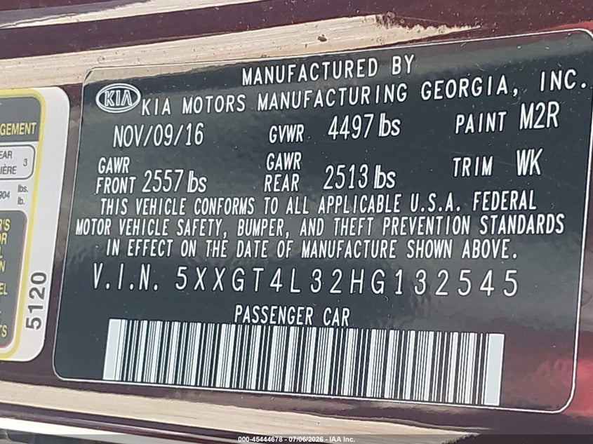2017 Kia Optima VIN 5XXGT4L32HG132545 IAAI salvage auction — FRONT & REAR, Rebuildable (Florida), sold $1,800 on 2026-07-11 (photo 9)