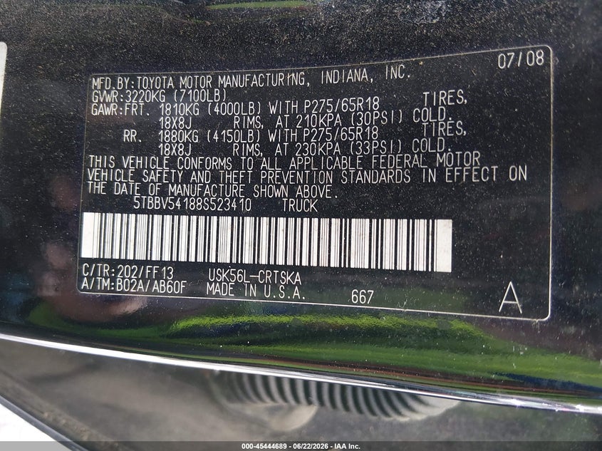 2008 Toyota Tundra VIN 5TBBV54188S523410 IAAI salvage auction — NORMAL WEAR, Repossession Paperwork (South Carolina), sold $4,525 on 2026-07-14 (photo 9)