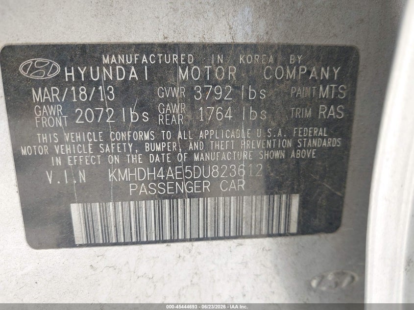 2013 Hyundai Elantra VIN KMHDH4AE5DU823612 IAAI salvage auction — RIGHT REAR, Original (Texas), sold $1,050 on 2026-07-28 (photo 9)