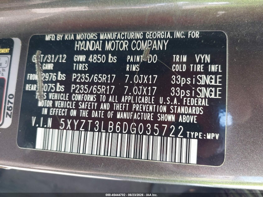 2013 Hyundai Santa fe VIN 5XYZT3LB6DG035722 IAAI salvage auction — NORMAL WEAR, Clear (Alabama), sold $1,100 on 2026-07-22 (photo 9)