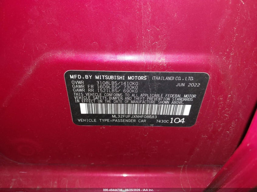 2022 Mitsubishi Mirage VIN ML32FUFJXNHF08683 IAAI salvage auction — SIDE, Salvage Title, sold $1,850 on 2026-07-23 (photo 9)