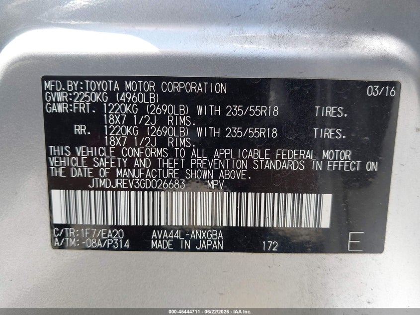 2016 Toyota VIN JTMDJREV3GD026683 IAAI salvage auction — REAR END, Bill Of Sale (Washington), sold $4,600 on 2026-07-08 (photo 9)