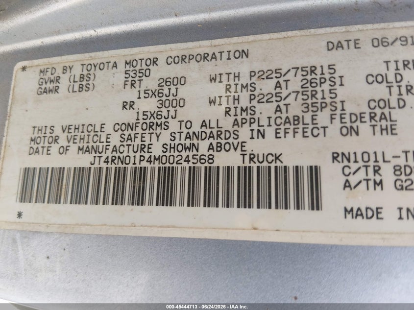 1991 Toyota Pickup VIN JT4RN01P4M0024568 IAAI salvage auction — FRONT END, Salvage (Mississippi), sold $4,650 on 2026-07-17 (photo 9)