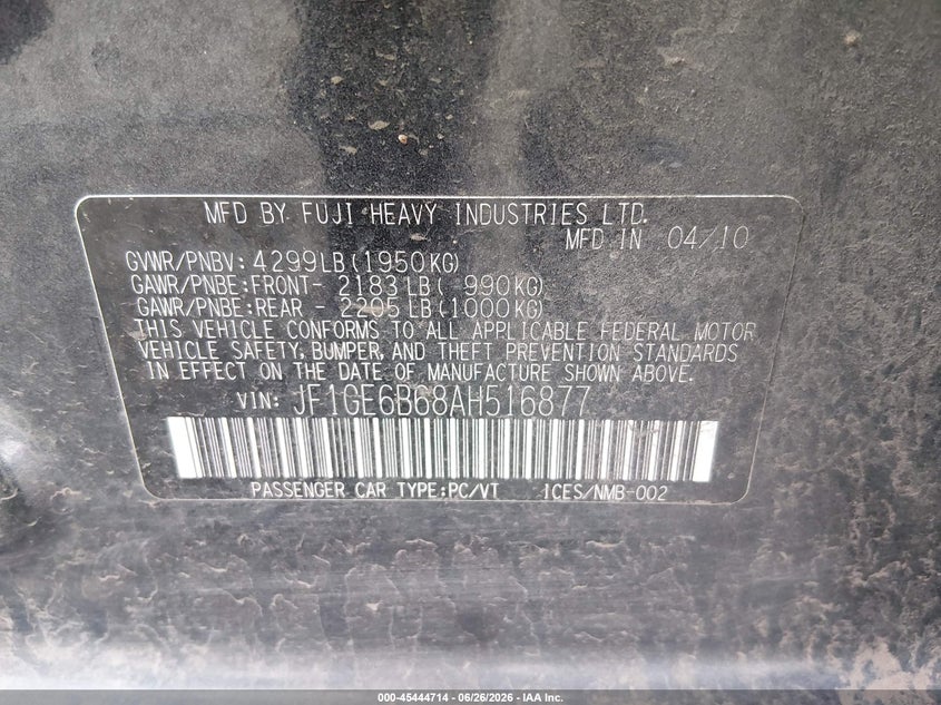 2010 Subaru Impreza VIN JF1GE6B68AH516877 IAAI salvage auction — NORMAL WEAR, Peddle Clear Public-Restricted (Oregon), sold $225 on 2026-07-29 (photo 9)