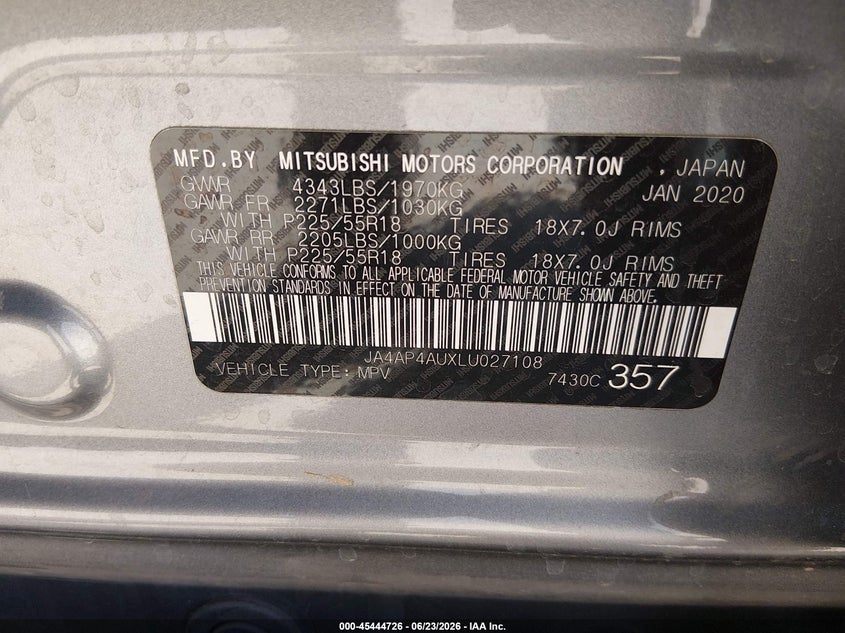 2020 Mitsubishi Outlander VIN JA4AP4AUXLU027108 IAAI salvage auction — FRONT END, Salvage Title, sold $125 on 2026-08-28 (photo 9)