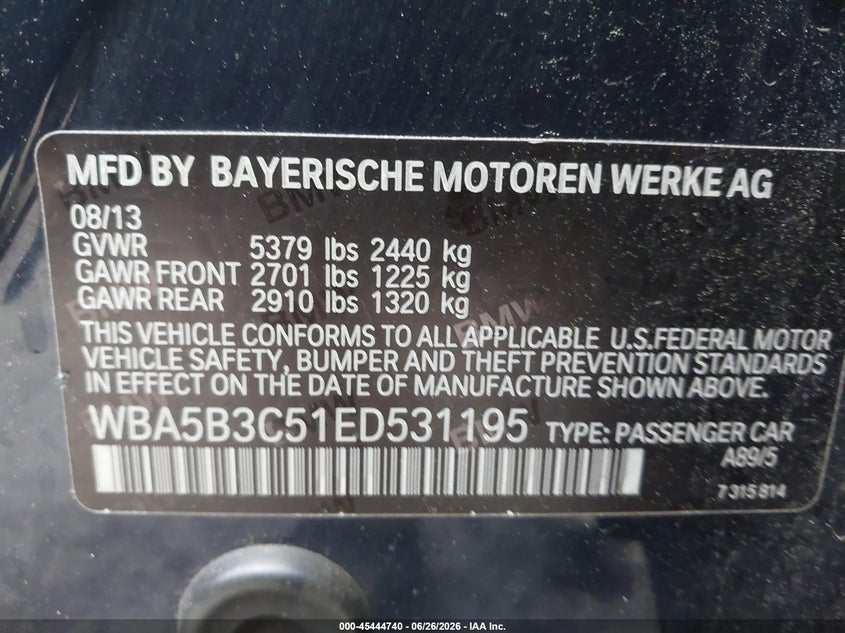 2014 BMW 5er VIN WBA5B3C51ED531195 IAAI salvage auction — FRONT END, Salvage Title, sold $2,900 on 2026-08-14 (photo 9)