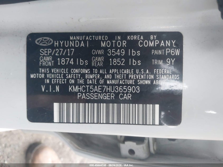 2017 Hyundai Accent VIN KMHCT5AE7HU365903 IAAI salvage auction — LEFT FRONT, Salvage (Massachusetts), sold $500 on 2026-07-21 (photo 9)