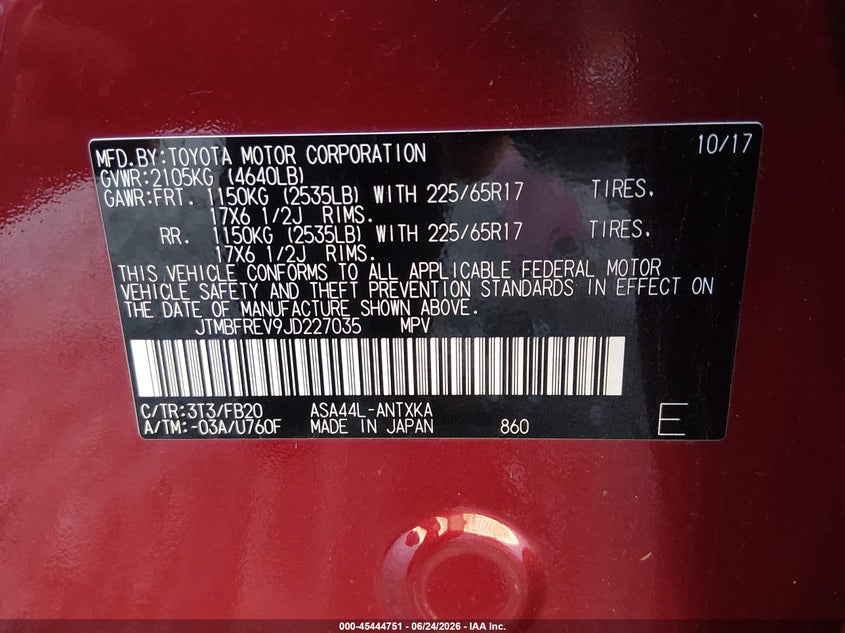 2018 Toyota Rav 4 VIN JTMBFREV9JD227035 IAAI salvage auction — FRONT END, Salvage Title, sold $1,575 on 2026-07-22 (photo 9)