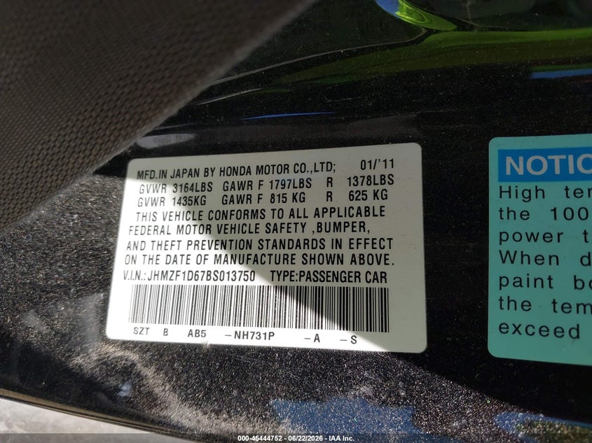 2011 Honda Cr-z VIN JHMZF1D67BS013750 IAAI salvage auction — LEFT FRONT, Bill Of Sale (Washington), sold $450 on 2026-07-21 (photo 9)